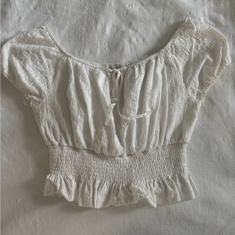 Paper Crane White Puff Sleeve Smocked Crop Blouse